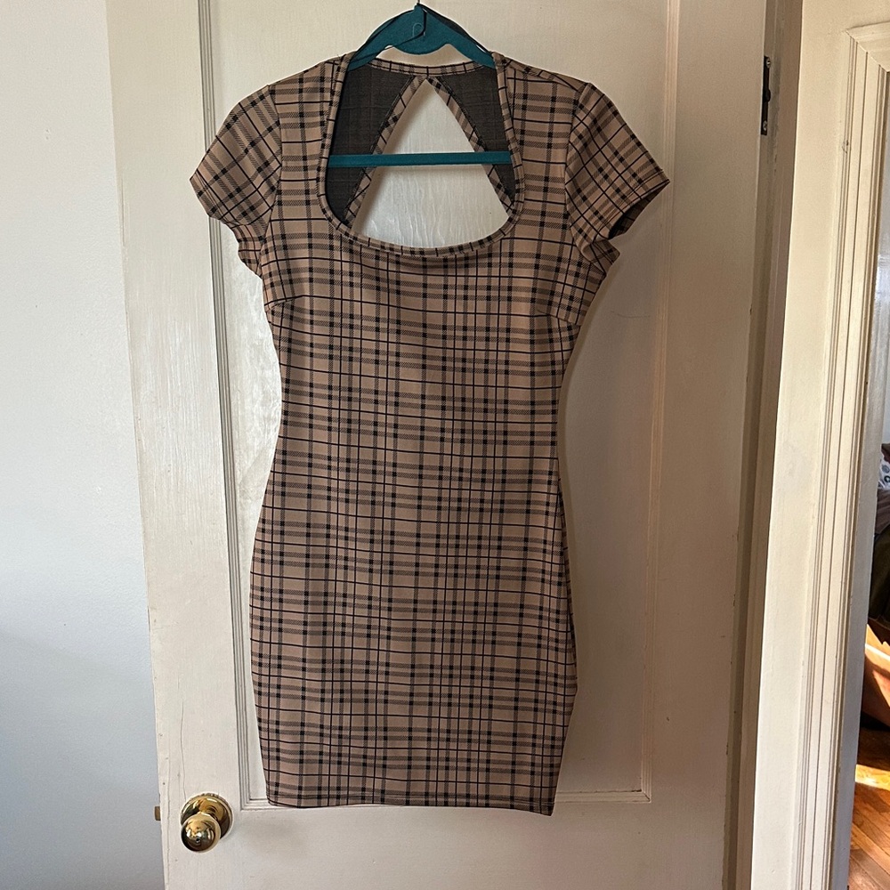 Love Tree Beige and Black Checkered Mini Dress